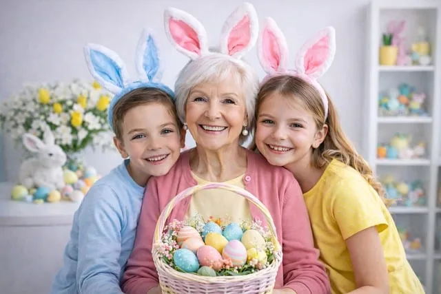 dzieci z babcią i koszykiem wielkanocnym